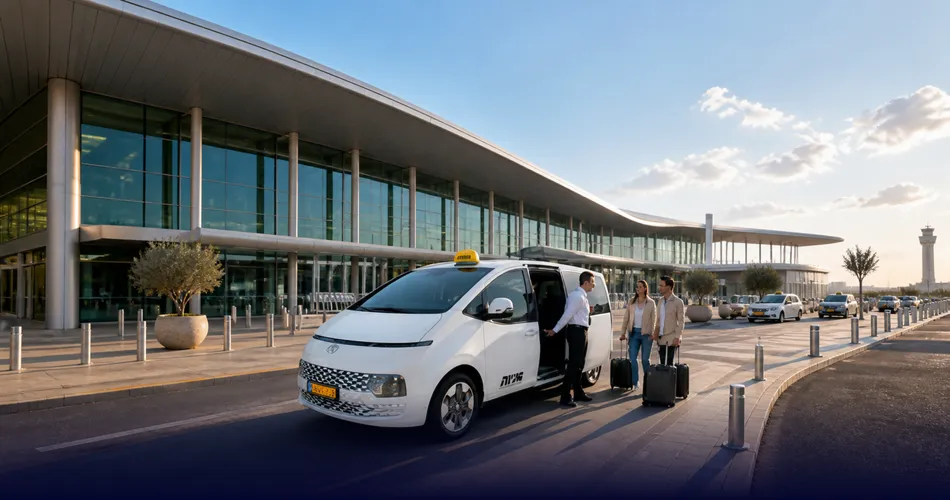 רכב הסעה ממתין לנוסעים מחוץ לטרמינל בנתב"ג